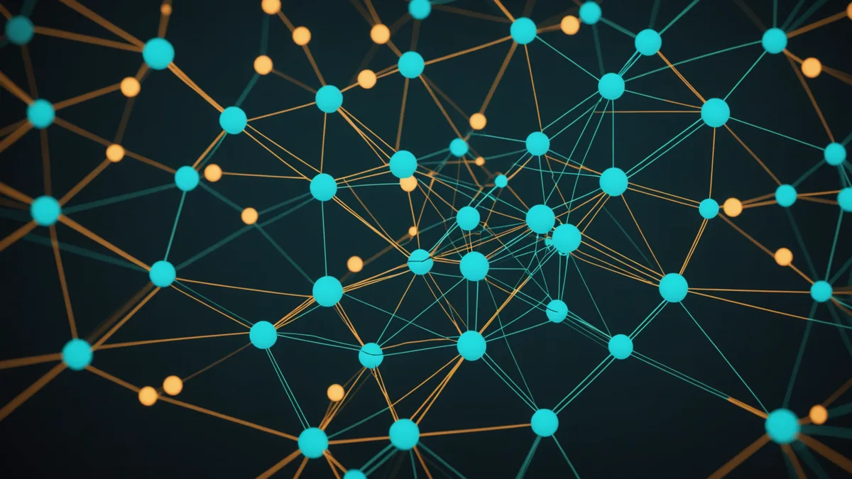 Abstract neural network-style node graph with route-like connections glowing teal on a dark background