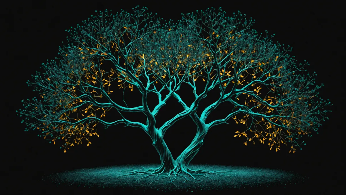 Abstract branching decision tree structure rendered as glowing teal paths splitting at dark nodes