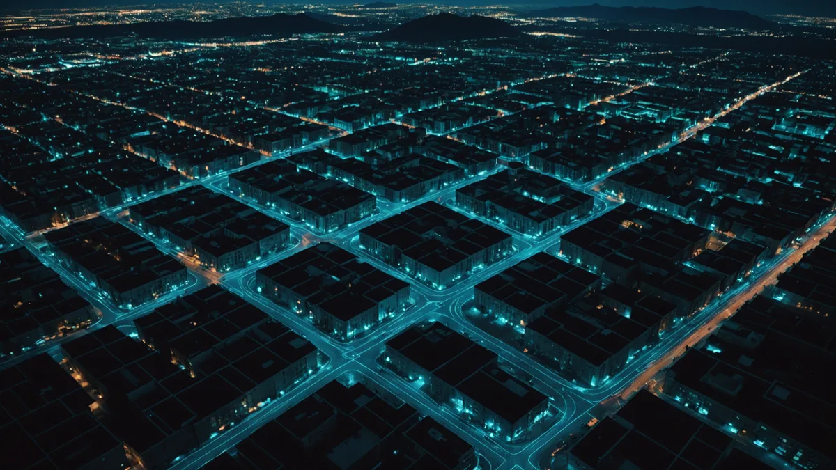 Aerial night view of a grid-planned American city with teal route lines and the Rocky Mountain horizon in the background