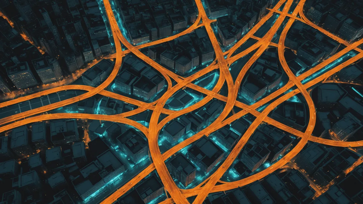 City route network with a blocked segment in amber and a new teal bypass route arc around it