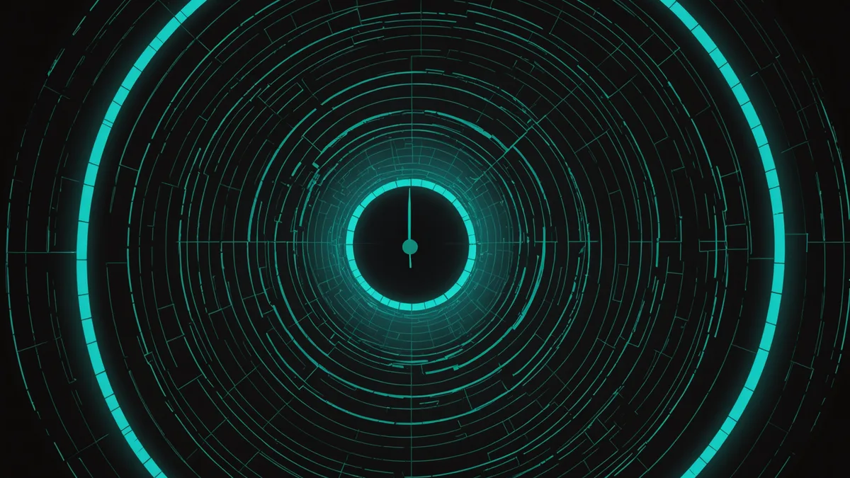 Clock-like abstract time arc overlay on a dark city grid suggesting estimated time precision