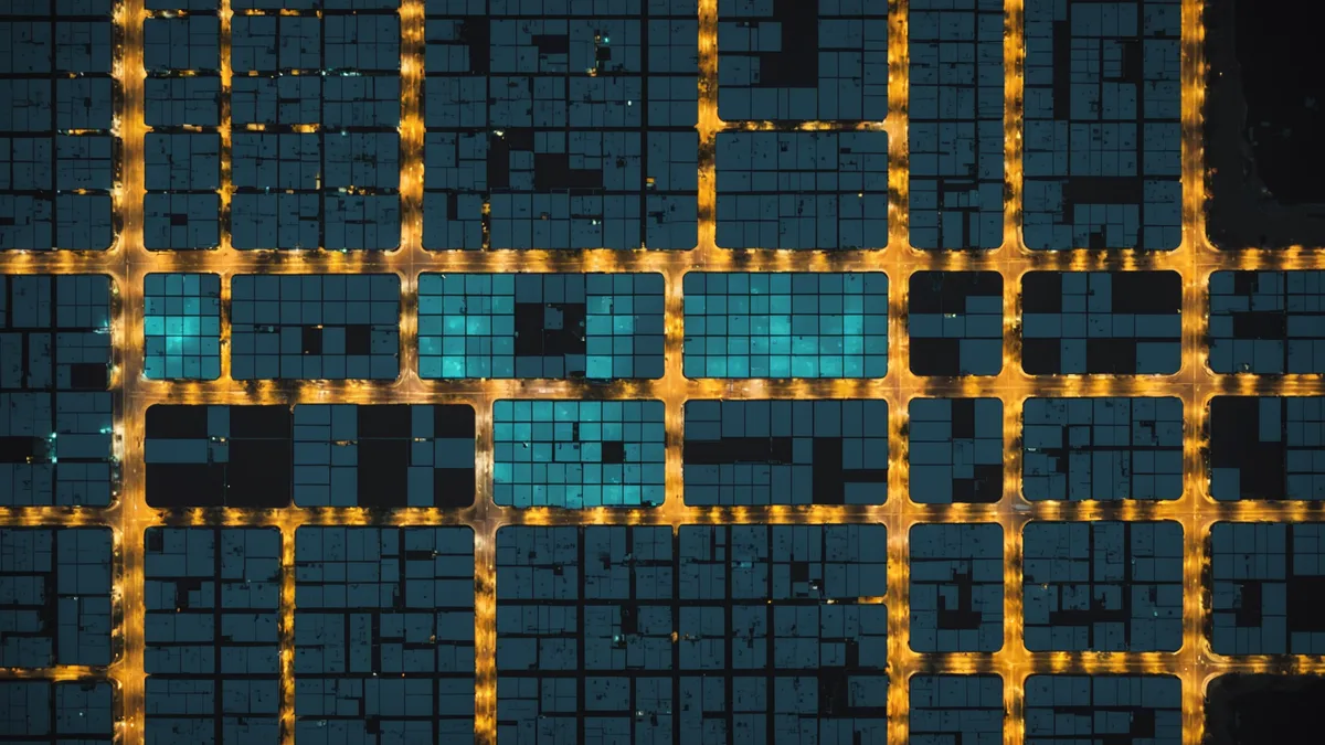 Overhead view of a dense urban neighborhood with concentrated delivery point clusters visualized as heat nodes