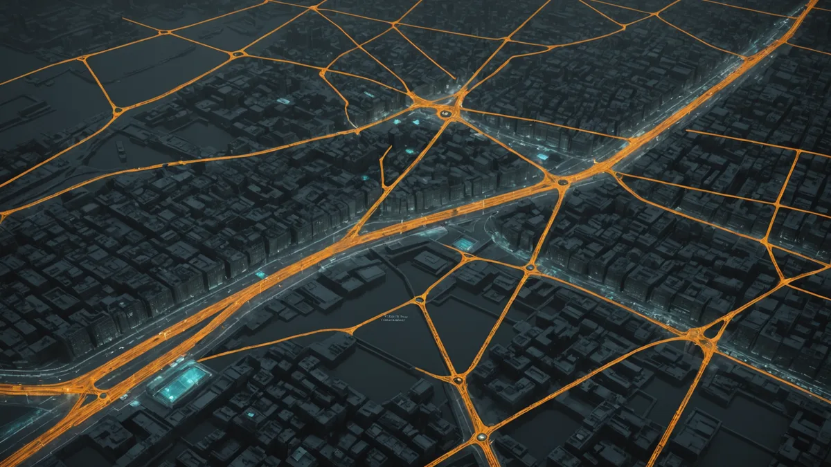 City grid with several disconnected muted route segments and a few isolated courier dots, suggesting blind spots