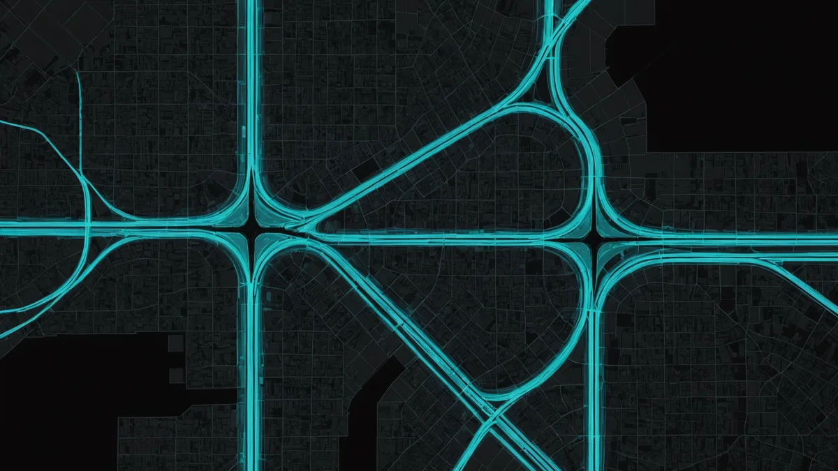 Two contrasting route maps: one static grid versus one adaptive route network with glowing path segments