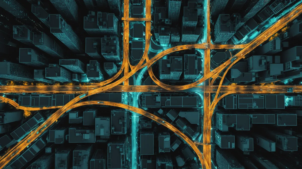 Route network with one segment breaking off and re-distributing to two other route lines in teal