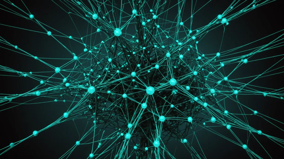 Expanding node network from a central origin point, teal branches multiplying across a dark grid